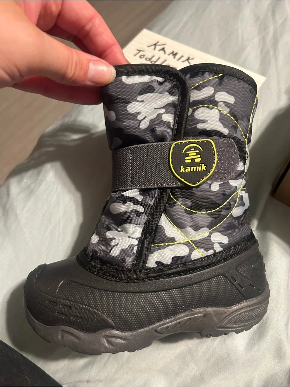 Kids Winter Boots with Gray Camo and Neon Yellow Accents